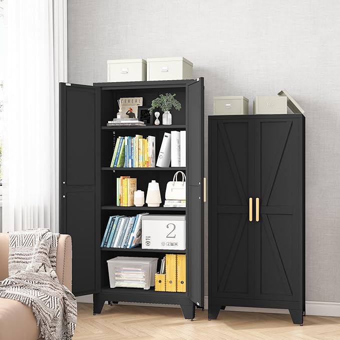 71H Tall Metal Storage Cabinet with 2 Doors and Adjustable Shelves,Farmhouse Storage Cabinet with Barn Doors,Pantry Storage for Home,Office,Bathroom,Dining Room,Kitchen(Black)