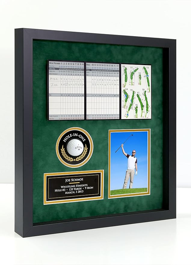 Hole-in-One Golf Display Case Frame, 3 or 4 Components for Ball, Scorecard, Photo & Printed Graphic Info Insert (Elite, 4 Components)