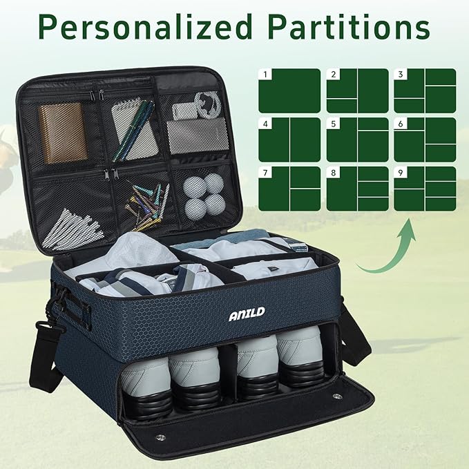 ANILD Golf Trunk Organizer, 2 Layer Golf Storage Case with Separate Ventilated Compartment for 2 Pair Shoes, for Balls, Tees, Clothes, Gloves, Accessories, Golfer Gifts