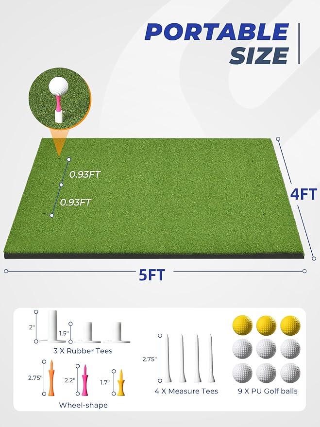 Golf Hitting Mat 5×4ft, Thickened 21/31mm Golf Practice Mat for Indoor Outdoor, Top-Notch Artificial Turf Driving Matt with 9 PU Balls+3 Rubber Tee+7 Tee