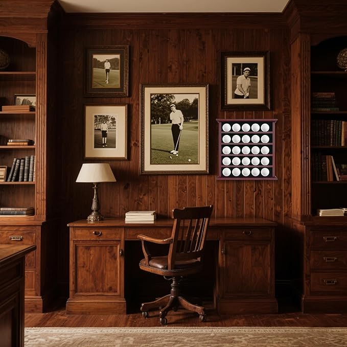 25 Golf Ball Display Case Wall Mounted -Mahogany Golf Ball Holder with Green Velvet Backing, Anti-Fall Slots, No Assembly Needed for Golf Souvenirs & Collectibles