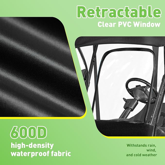 Golf Cart Enclosure 4 Passenger for 86-88" Roof, 600D Waterproof Driving Rain Cover, Replace for Yamaha/Club Car/EZGO, Roll-Up Door, 4-Sided Clear PVC Windows, Tail Light Visible