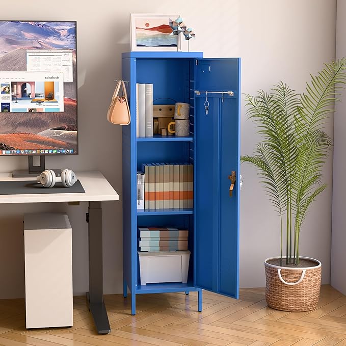 Aobabo Metal Locker, 54" H Metal Storage Locker for Employees, Lockable 1 Door with Towel Rack and 2 Side Pegboards with Hooks for School Office Gym Bedroom, Blue, Assembly Required