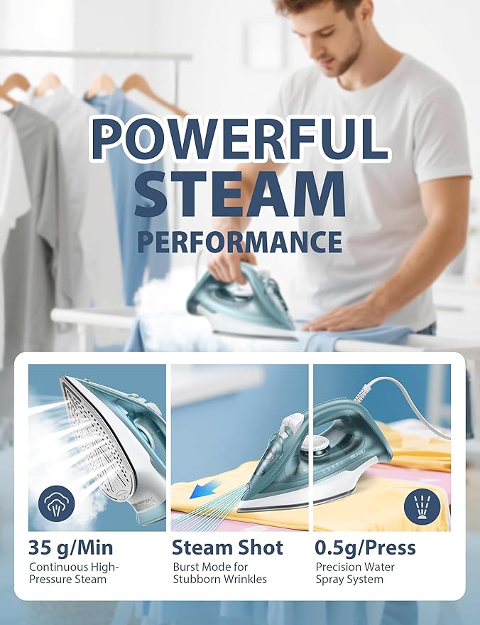 Sundu Steam Iron for Clothes with Rapid Heating Ceramic Coated Soleplate, 1500W with Precise Thermostat Dial, Self-Cleaning, Auto-Off, 15.21oz Water Tank for Home Clothes Ironing Use, green