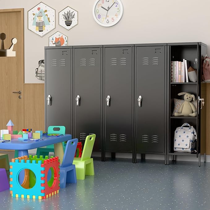 Aobabo Metal Locker, 54" H Metal Storage Locker for Employees, Lockable 1 Door with Towel Rack and 2 Side Pegboards with Hooks for School Office Gym Home, Assembly Required (Black)