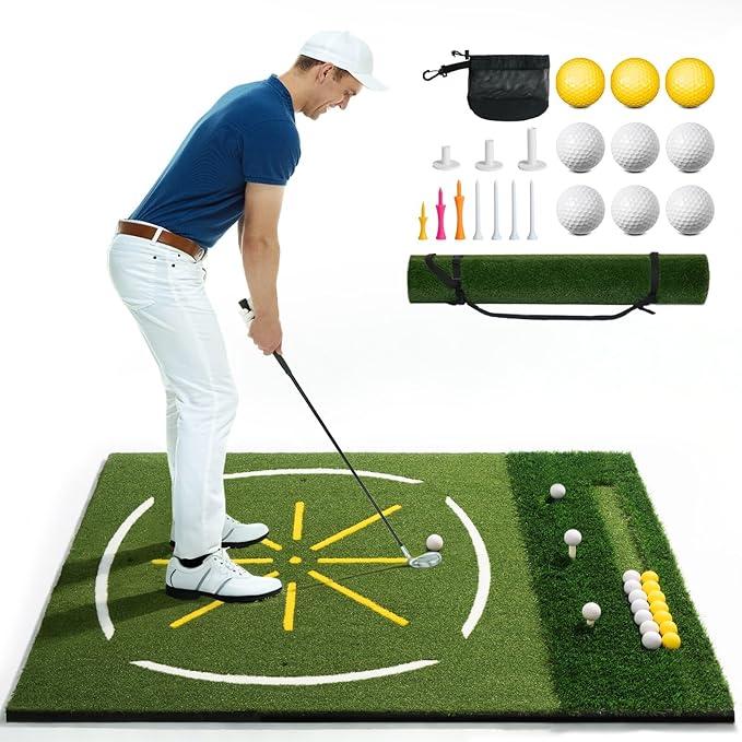 Golf Mat with Dual Turf, 5x4ft Thickened Golf Hitting Mat with Standing Guide-Line & Swing Path Line, Practice Mats for Indoor or Outdoor Use, Gifts for Men Dad & Golfers