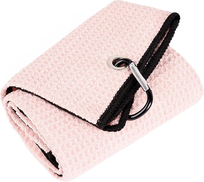 Mile High Life Tri-fold Golf Towel | 16" X 24" | Premium Microfiber Fabric | Waffle Pattern | with Heavy Duty Carabiner Clip | for Men and Women (Pink)