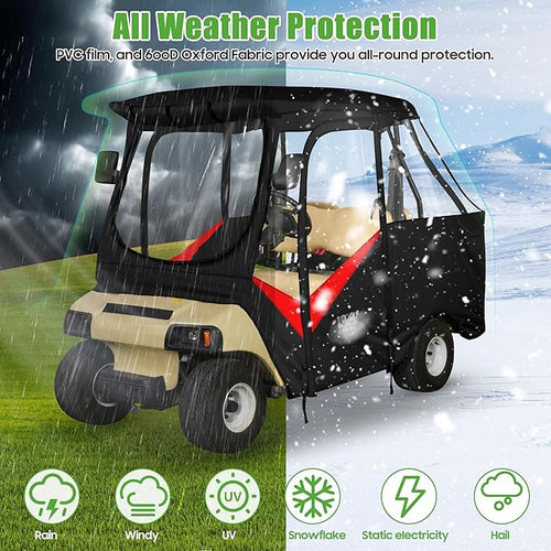 10L0L Golf Cart Driving Enclosure for Club Car DS 2/4 Passenger Short Roof Waterproof Windproof Heavy Duty 600D Rain Cover with 4-Sided Clear Windows & Durable Door Zipper, All-Weather Protection