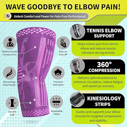 BLITZU Elbow Compression Sleeve for Tendonitis 2 Pack, Tennis Elbow Brace Support for Men and Women Golfers Elbow Pain Relief, Arthritis, Bursitis, Arm Brace for Workout, Weightlifting Purple L
