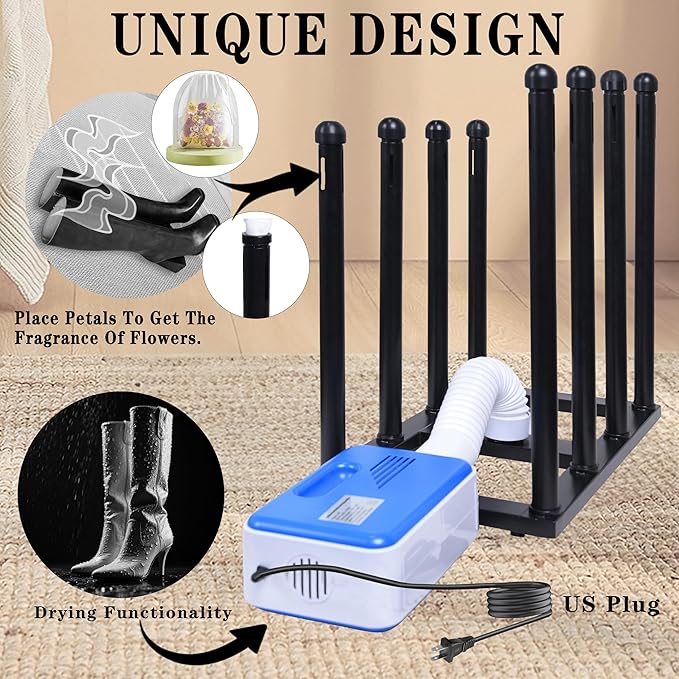 Boot Rack Organizer Tall Boots Boot Storage Free Standing Shoe Racks Black Metal for Dorm Room, Closet, Entryway, Bedroom for 4 Pairs With Multifunctional Portable Dryer 600W(54.4*50.1*30)