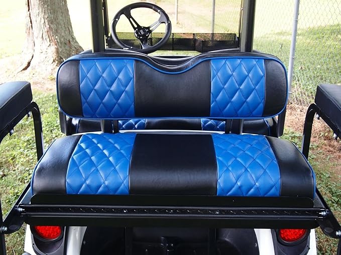 Huskey 4PCS Golf Cart Front/Rear Seat Covers for Club Car Precedent 2004+ G&E Models Custom Two-Tone Black/Blue Diamond Stitching with Blue Piping,Marine Grade Vinyl Material,Staple On Design