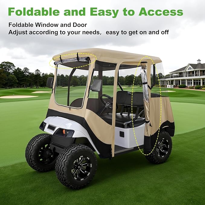 10L0L 2/4 Passenger Golf Cart Driving Enclosure for EZGO TXT/RXV Model, 4-Sided Clear Window 600D Rain Cover All Weather Windproof Waterproof - Black/Beige