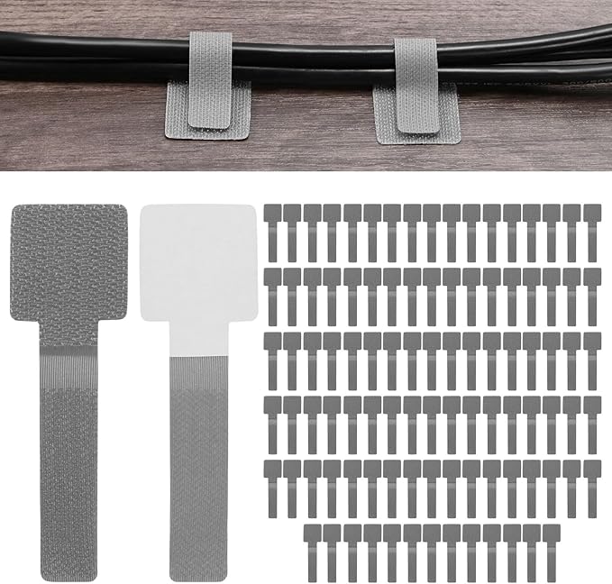 100-Pack Hook and Loop Cable Ties, 3.5 x 1.1 Inch Enhanced Self-Adhesive Cord Organizer for Desk/Home/Wall/Office Essentials, Cable Management Under Desk [Gray]
