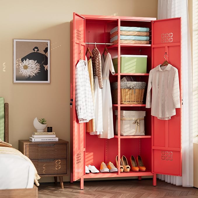 METAN 2 Door Metal Storage Lockers for Employees, Lockable Steel Storage Lockers with Hanger and Adjustable Shelves,Assembly Required,Red