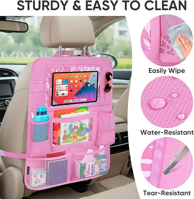 BALEINE Backseat Car Organizer, Back Seat Car Organizers and Storage, Kick Mats Back Seat Protector, Travel Accessories for Most Automotive (2 Pack, Pink)
