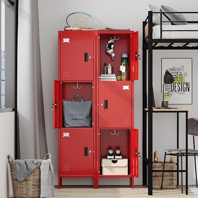 Aobabo 16" W 3 Door Metal Storage Locker with Lock, 66" H Steel Locker with Name Card Holder and Metal Hook for School, Home, Office, Playroom, Assembly Required, Red