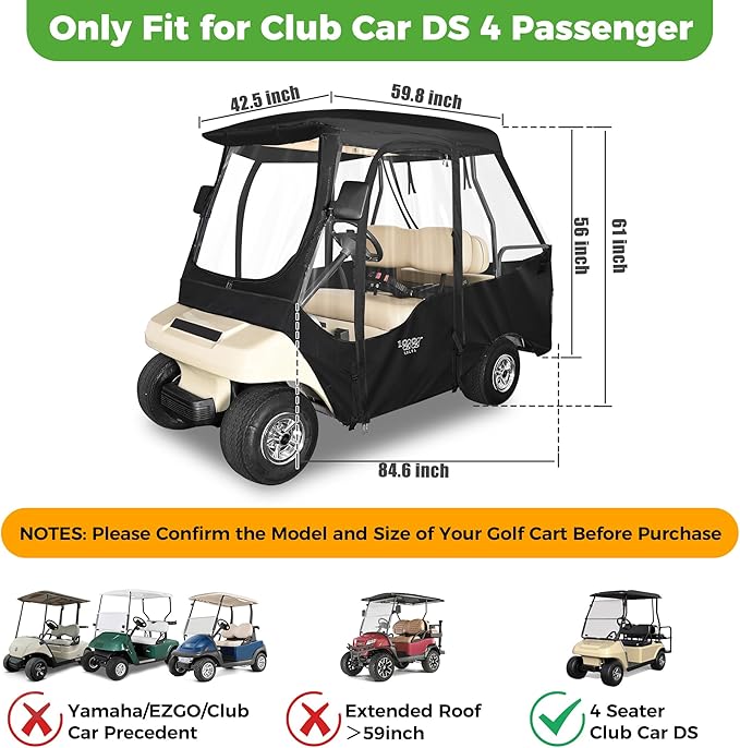 10L0L 4 Passenger Golf Cart Enclosure for Club Car DS Short Roof, 600D Waterproof Golf Cart Rain Cover, Heavy Duty Driving Enclosure, Snowproof Windproof, with Clear PVC Windows & Tail Light Panel