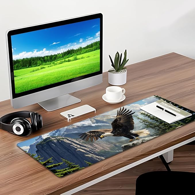 Bald Eagle Gaming Mouse Pad, Desk Mat, Non-Slip Rubber Base Cool Aesthetic MousePads for Computer Laptop Keyboard Office School Home Desktop Accessories Decor 31.5" x 11.8"