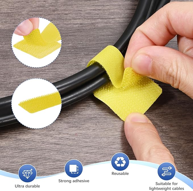 100-Pack Hook and Loop Cable Ties, 3.5 x 1.1 Inch Adjustable Self-Adhesive Cord Organizer for Desk/Home/Wall/Office Essentials, Cable Management Under Desk [Yellow]