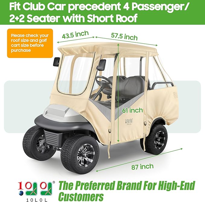 10L0L Golf Cart 4 Passenger Enclosure for Club Car Precedent Short Roof 57.5" Deluxe 600D Golf Cart Heavy Duty Rain Cover with 4 Zipped Doors Clear PVC Windows (Latest Improved Version)