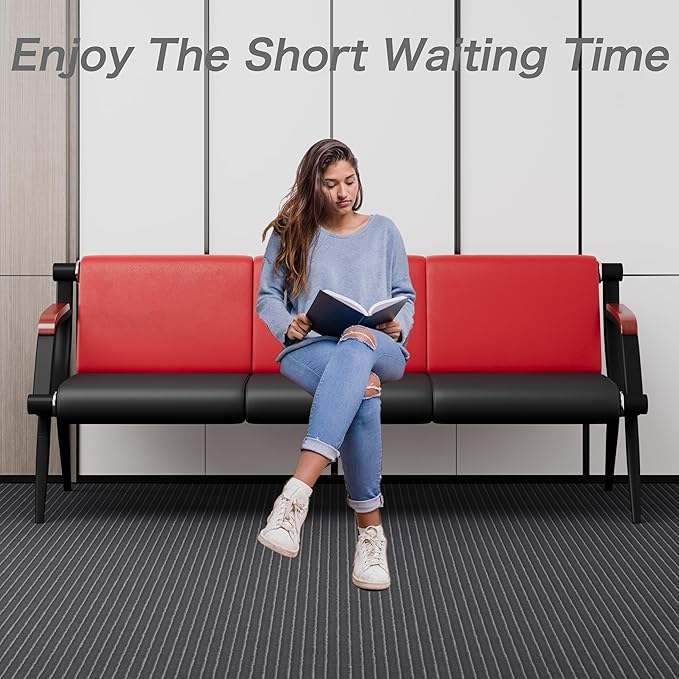 wonline Waiting Room Bench, Office Furniture Reception Chairs with Arms, Leather Chairs is Suitable for Clinic,Airport,Hospital,Barber,Salon,Bank-(Red&Black,3 Seat)