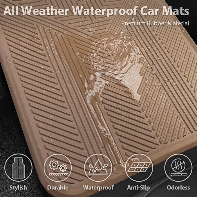 CAR PASS Universal Car Floor Mats & Cargo Liner Full Set, Waterproof Anti-Slip Rubber Trim to Fit Trunk Mats All Weather Protection Fit Car SUV Sedan Coupe Vehicle Automotive 5 Pieces, S-M Size Beige