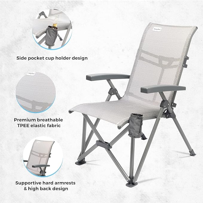 SUNNYFEEL 3-Position Recliner High-Back Camping Chair, Heavy Duty 500lbs Folding Chair with Hard Armrests & Cup Holder, Grey Ergonomic Chairs TPEE Breathable Mesh for Outdoor, Camp, Beach, Travel