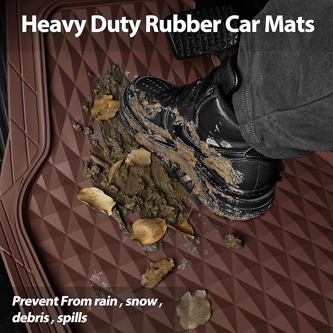 CAR PASS Heavy Duty Rubber Car Mats, Deep Dish All-Weather Floor Mat for Car Full Set Durable Anti-Slip 3D Rhombus Waterproof Trim to Fit Liner Universal Fit Automotive,Sedan,SUV,Truck, 3 Piece Brown