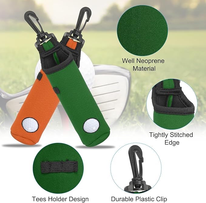 PATIKIL Golf Ball Carry Bag, 2 Pcs Golf Tee Holder Pouch Portable Neoprene Golf Ball Holder with Clip for Men and Women Storage Gifts, Forest Green