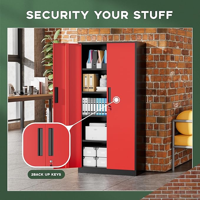 Greenvelly Metal Garage Storage Cabinet, 72" Black Red Tool Steel Locking Cabinet with Doors and 4 Shelves, Tall Cabinets for Garage Storage Systems Lockable File Cabinet for Home Office,Garage