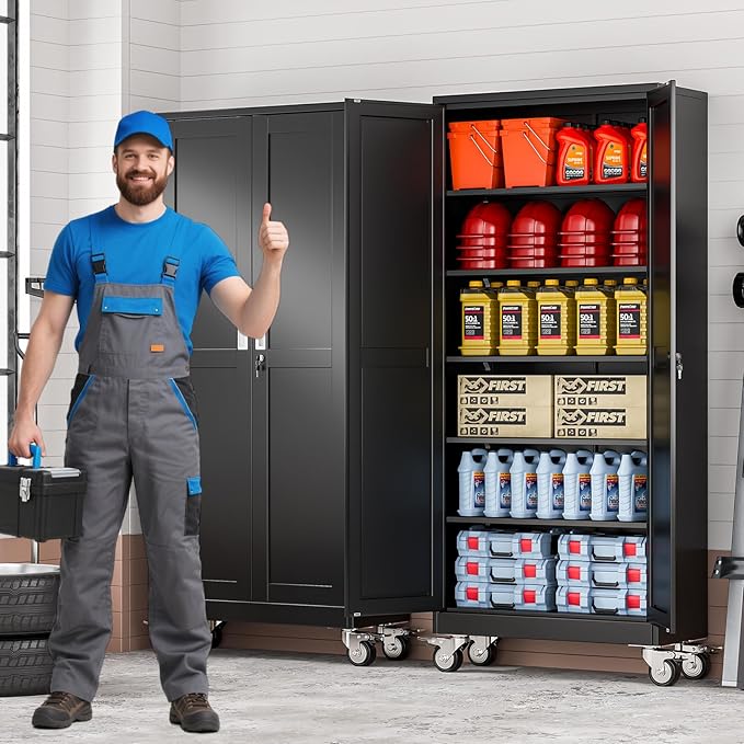 75" Tall Metal Garage Storage Cabinet with Wheels and Locking Doors and Tall Rolling Steel Tool Cabinet with 5 Adjustable Shelves for Garage,Home,Office,Shop (Black)