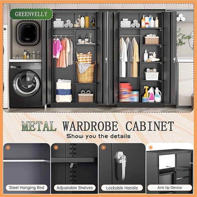 Greenvelly Metal Wardrobe Cabinet with Locking Doors, 72"H Black Metal Wardrobe Closet with Hanging Rods and Adjustable Shelves, Clothing Storage Closet for Home, Office, Employee, Gym (16" D x 32" W)