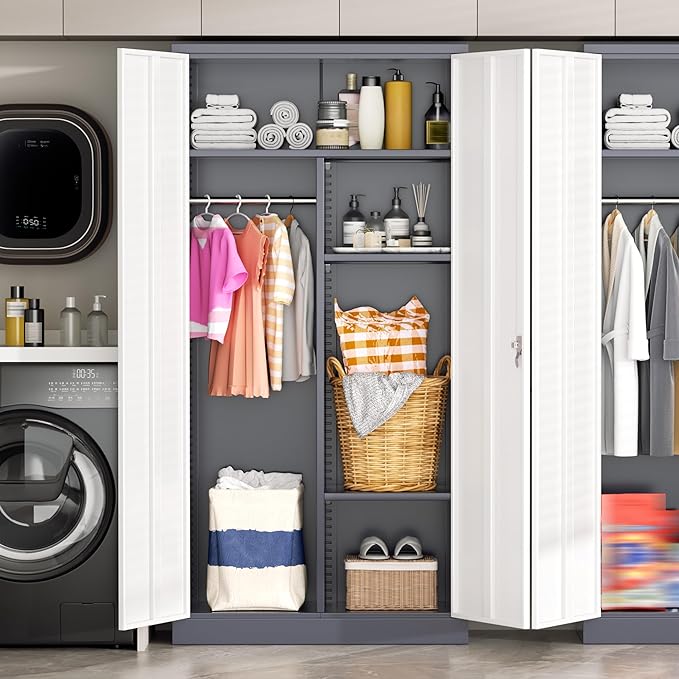 Greenvelly Metal Wardrobe Cabinet with Lock Door, 72" Metal Wardrobe Closet Cabinet with Hanging Rods and Adjustable Shelves, Steel Storage Locker Closet for Home, Office, Employee, Gym (White Grey)