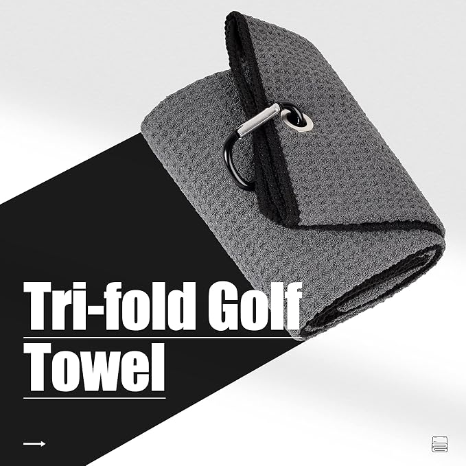 Mile High Life Tri-fold Golf Towel | 16" X 24" | Premium Microfiber Fabric | Waffle Pattern | with Heavy Duty Carabiner Clip | for Men and Women (2 Pack Dark Gray)