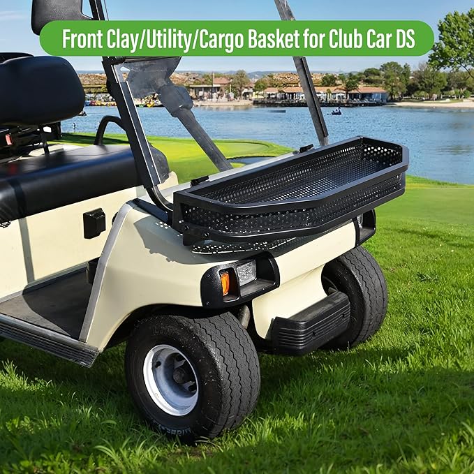 Club Car DS/Precedent Front Cargo Basket Clay Outer Utility with Mounting Brakets for Gas & Electric Golf Carts, Heavy-Duty Steel Drop Mesh Storage Rack