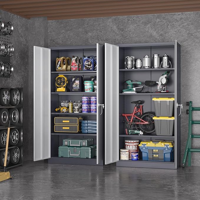 Greenvelly Metal Garage Storage Cabinet, Locking Steel Cabinet with 2 Doors and 4 Adjustable Shelves, Metal Tool Cabinets, Lockable File Cabinet for Home Office, Garage, School (Gray White)