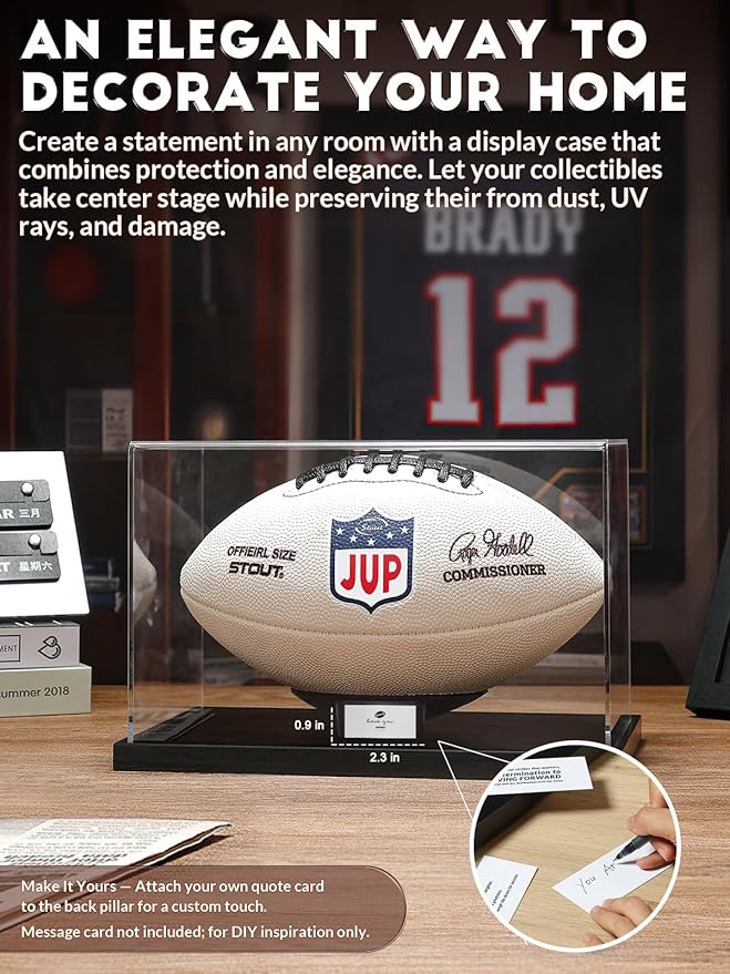 JupDec Football Display Case Full Size, Upgraded Clear Acrylic Box with Curved Cradle Holder & Solid Wood Base, Fits All Football Sizes, UV Protected Memorabilia Display for Collectors, Black