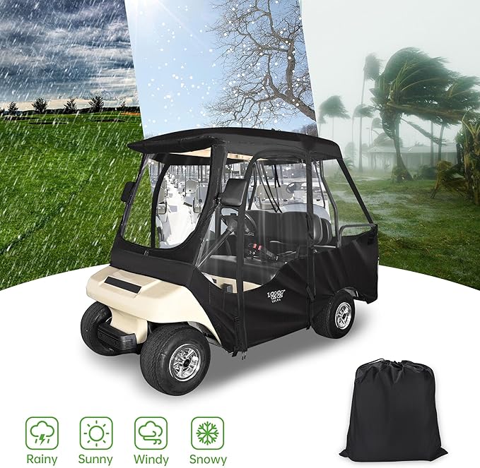 10L0L Golf Cart Driving Enclosure for Club Car DS, 2+2 Passenger Short Roof, Waterproof Windproof Heavy Duty 600D Rain Cover with 4-Sided Clear Windows & Durable Door Zipper, All-Weather Protection