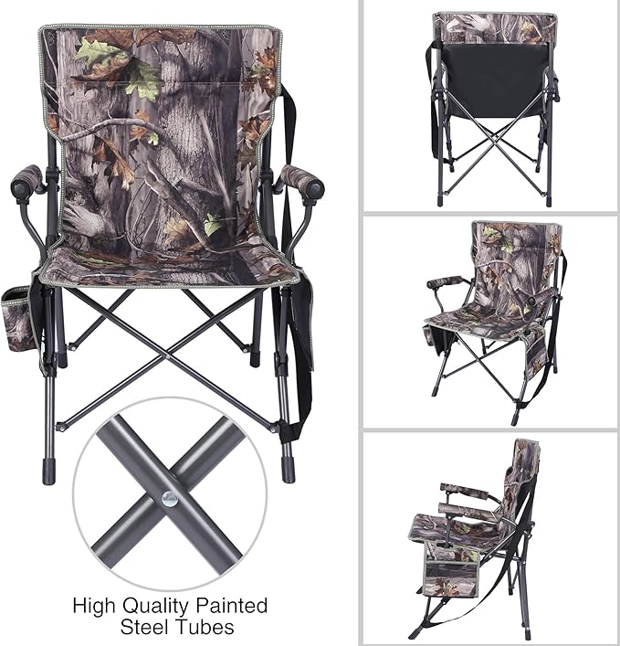 REDCAMP Oversized Hunting Chairs for Blinds, Portable Folding Camo Camping Chairs for Adults Hunting Seats with Hard Arms for Outside Outdoor, Camouflage