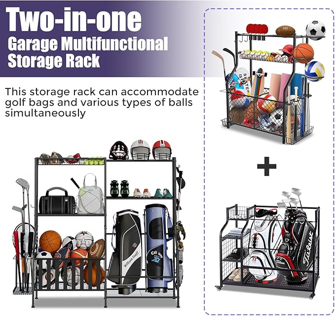 Sports Equipment Organizer, Heavy Duty Golf Bags Stand, Extra Large Ball Storage Rack for Garage, Sports Gear Storage with Basket and Hooks, Black