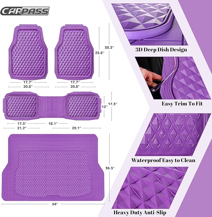 CAR PASS Heavy Duty Rubber Purple Car Floor Mats & Cargo Liners, Deep Dish All-Weather Trunk Mats Durable Anti-Slip 3D Rhombus Waterproof Trim to Fit Liner Universal Fit Auto,Sedan,SUV,Truck, Purple
