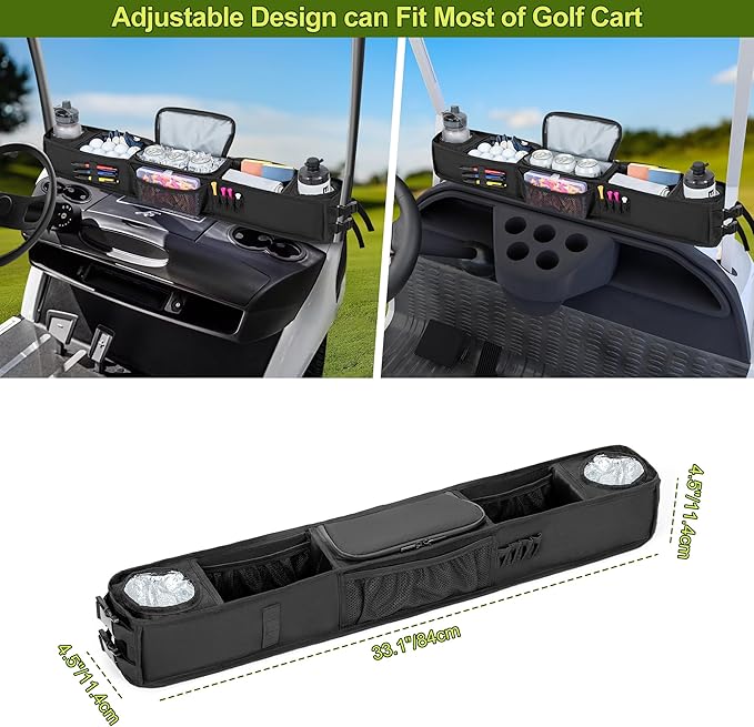 Golf Cart Storage Tray, No-Drilling Front Storage Basket Compatible with EZGO, Club Car, Kandi Golf Carts, Organizer with Cooling Compartment (Patent Design)