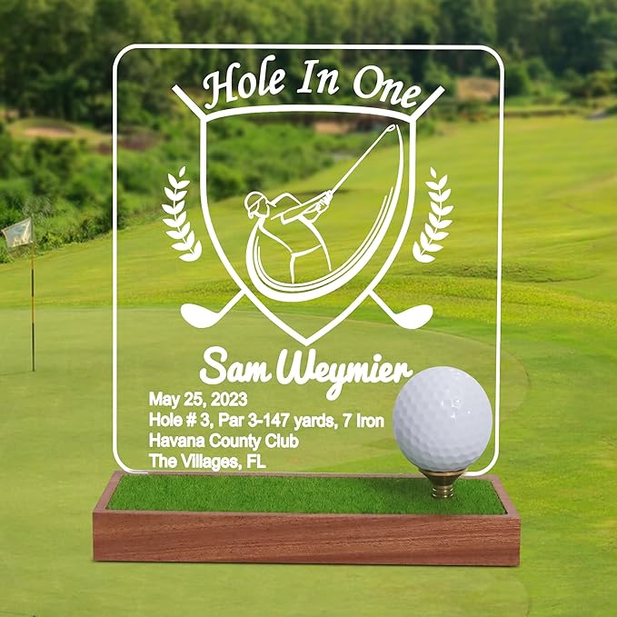 Hole in One Golf Ball Display Case, CoolGift Mart Personalized Light Up Golf Ball Holder Memorabilia Display and Storage, Wooden Acrylic Accessories with Warm White Color Lights, Gift for Golfers
