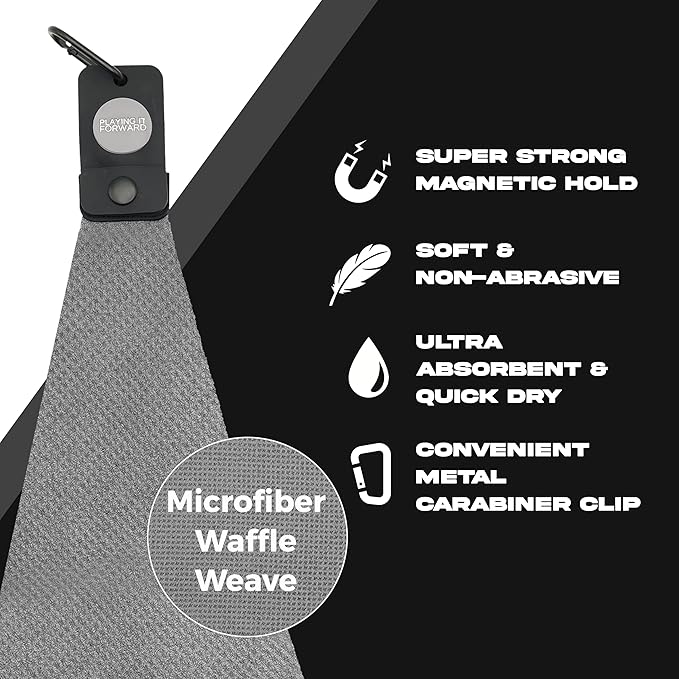 Magnetic Golf Towels for Golf Bags with Clip & Ultra Strong Magnet - Waffle Weave Microfiber Towel for Secure Hold on Bags & Carts - Ideal Club Cleaner & Accessories - Gray