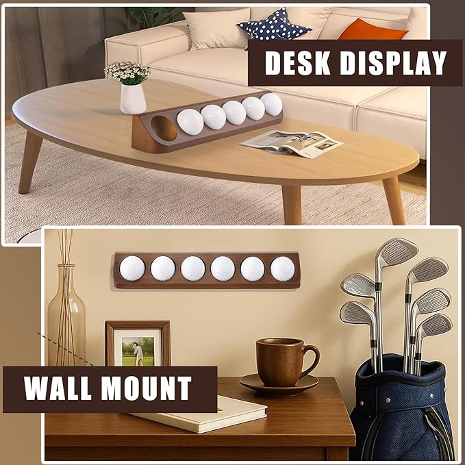 Wooden Golf Ball Display Case 1 Pack, Golf Ball Holder Display with Wall Mount & Tabletop Stand - Displays 6 Standard Size Golf Balls, Golf Accessories Gift for Men (Walnut Color)
