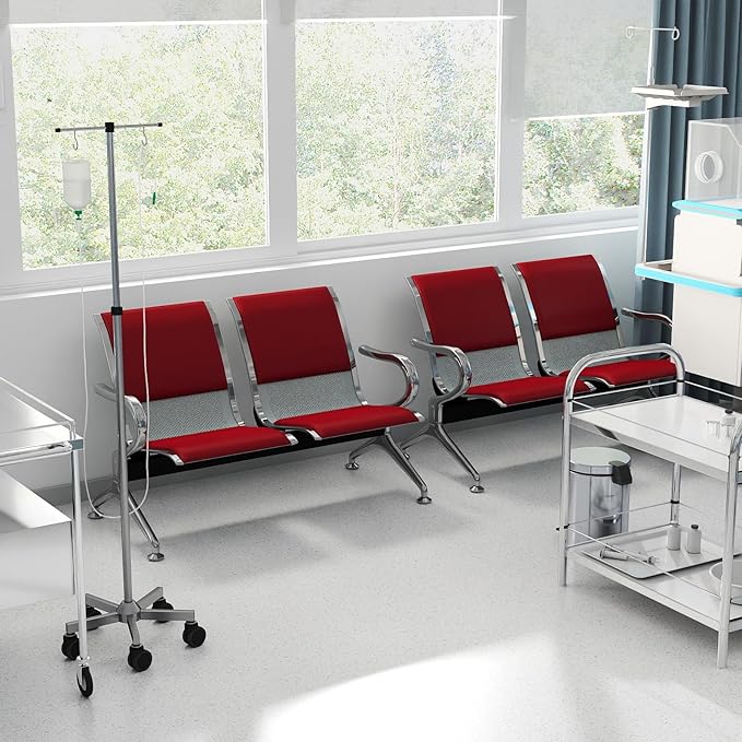 Kinfant 4-Seat Waiting Room Chairs with Arms – Heavy-Duty Steel Frame PU Leather Back & Cushioned Seat, Ergonomic Office Reception Guest Chair for Lobby, Clinic, Airport, Red