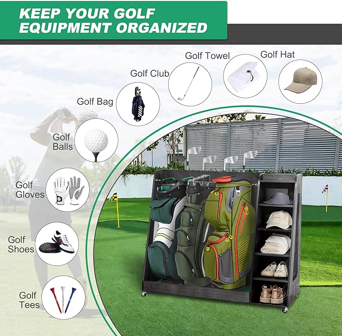 Wooden Golf Bag Organizer and Storage Rack, Accommodate Golf Bags and Golf Clubs/Hockey Sticks, Golf Balls, Inside and Outside The Garage shed Basement