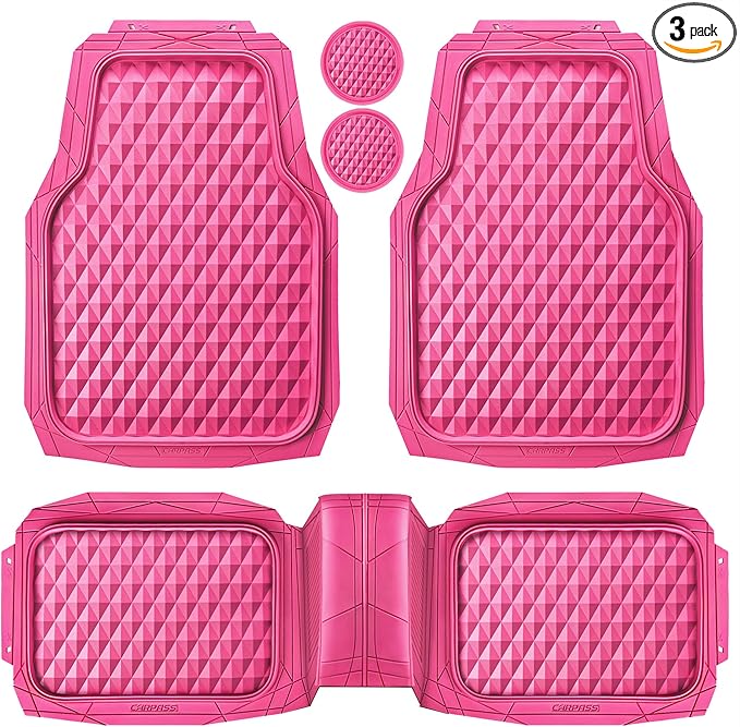 CAR PASS Heavy Duty Rubber Pink Car Floor Mats, Deep Dish All-Weather Full Set Durable Anti-Slip 3D Rhombus Waterproof Trim to Fit Liner Universal Fit Automotive,Sedan,SUV,Truck, 3 Pcs Hot Pink