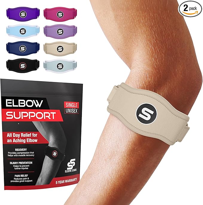 Sleeve Stars Tennis Elbow Brace for Women - Adjustable Tennis Elbow Strap, Golfers Elbow Brace for Men, Counterforce Brace for Tendonitis Relief, Fits 9"-23" (Pair/Beige)