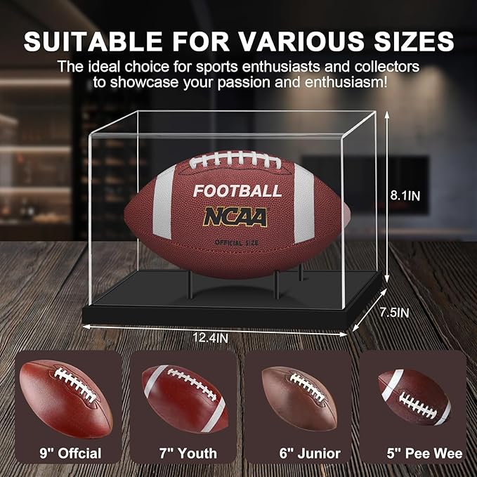 Football Display Case, Acrylic Football Case Clear, UV Protected Display Case with Solid Wood Base Stand for Full Size Signed Football Holder for Football Fans & Collectors